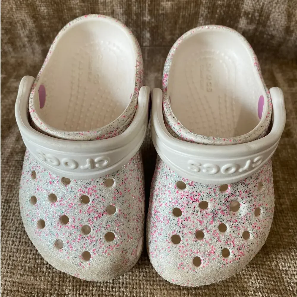 Crocs Kids Classic Glitter Speckle Clogs White Pink C6 Comfort Shoes